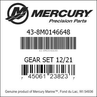 Mercury Precision Parts label for 8M0146648 12/21 gear set