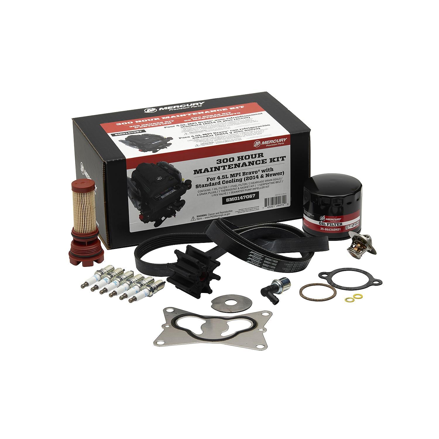 Mercury 8M0147067 300-hour maintenance kit for MerCruiser 4.5L MPI Bravo engines featuring filters, spark plugs, and seawater impeller.