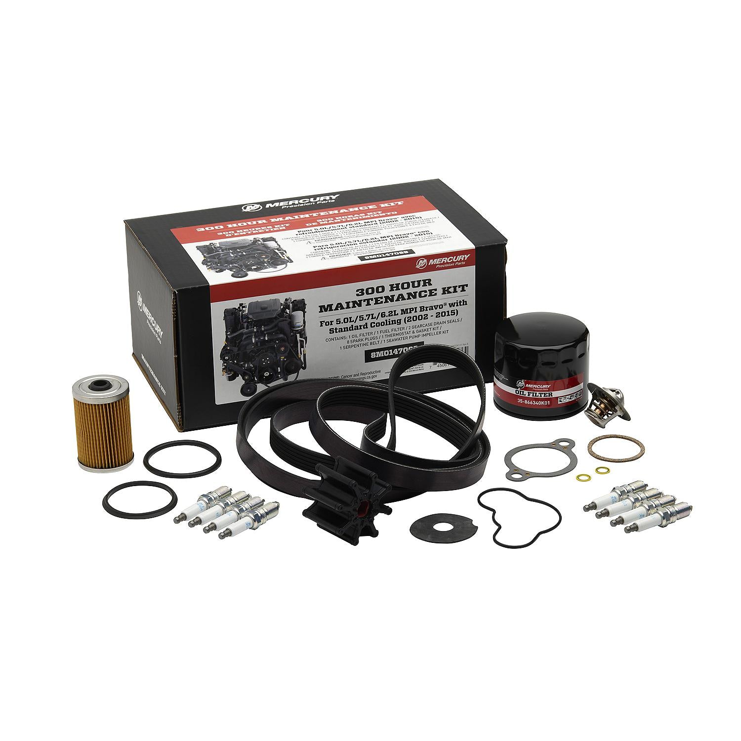Mercury 8M0147068 300-hour maintenance kit for MerCruiser 5.0L, 5.7L, and 6.2L MPI Bravo engines with filters, spark plugs, and impeller.