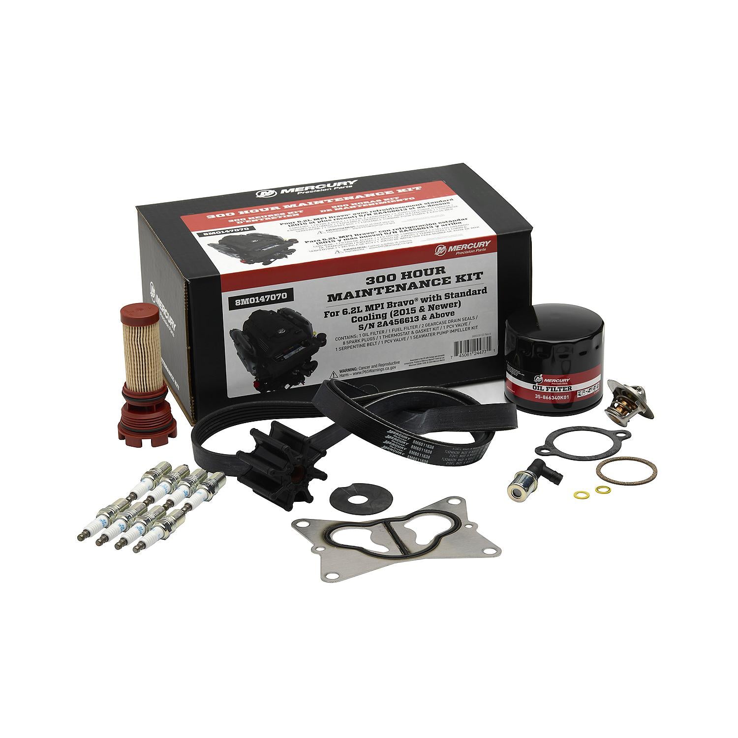 Mercury 8M0147070 300-hour maintenance kit for MerCruiser 6.2L MPI Bravo engines featuring filters, spark plugs, and impeller.