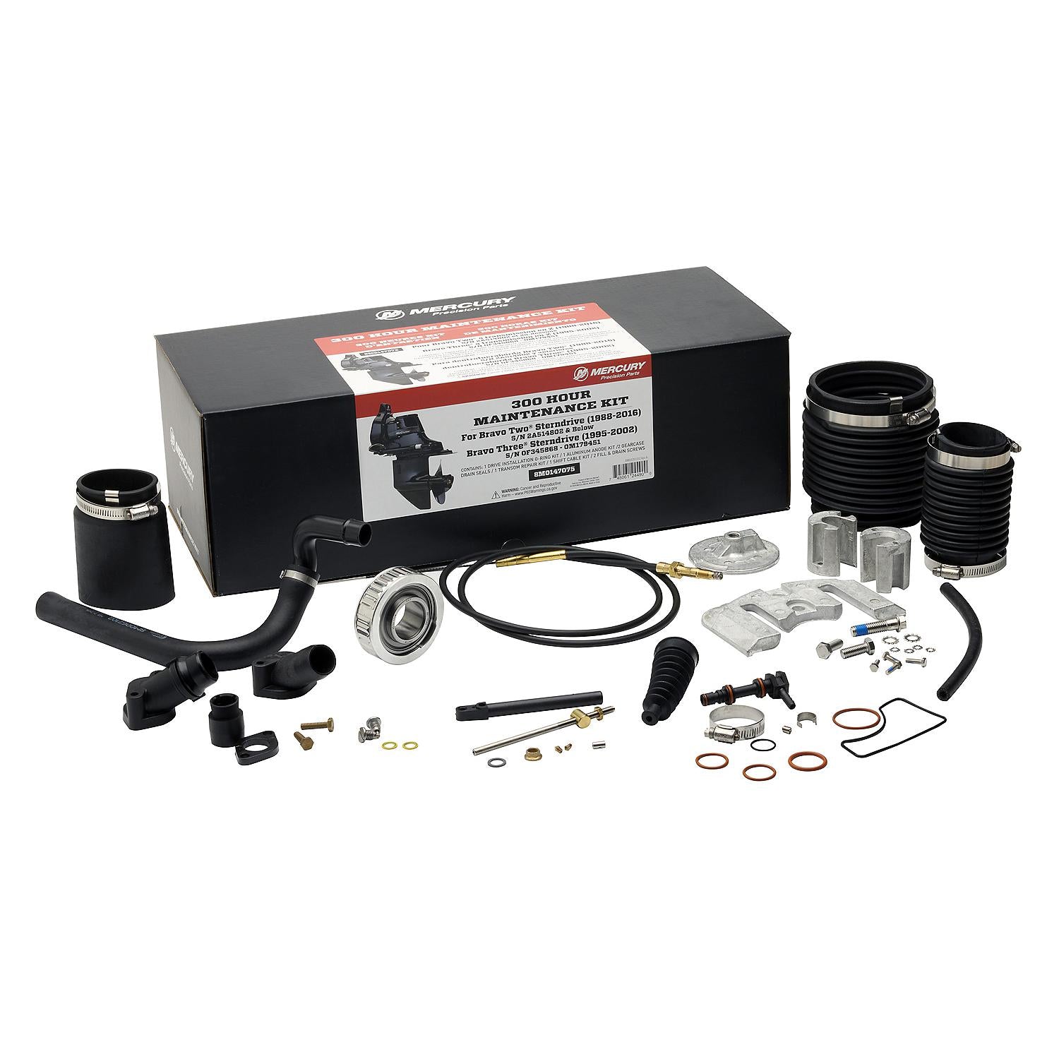 Mercury 8M0147075 300 Hour Maintenance Kit for MerCruiser Bravo Two and Bravo Three Sterndrives showing gasket kit, aluminum anodes, and transom repair components.