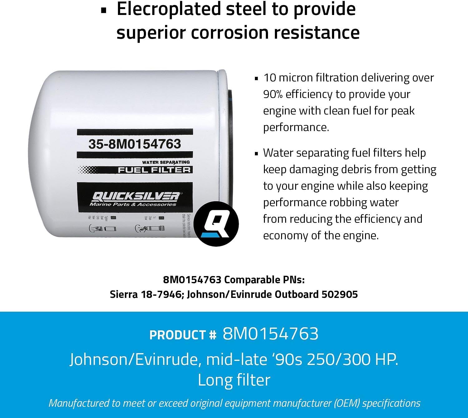 Quicksilver water separating fuel filter for select Johnson and Evinrude 250 and 300hp outboards 8M0154763 Details