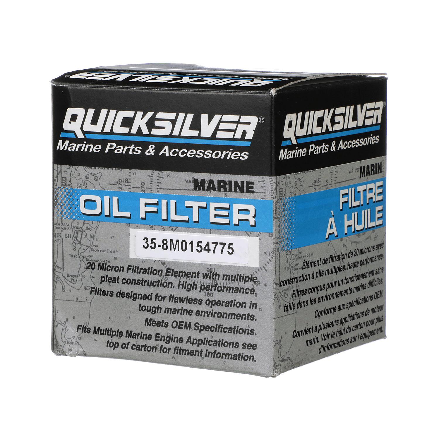 Quicksilver 8M0154775 20 micron oil filter for Johnson Evinrude and Suzuki outboards Box