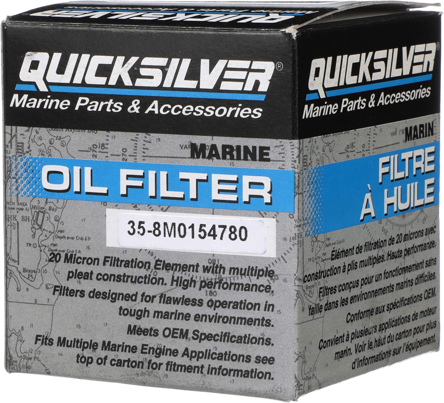 Quicksilver 8M0154780 marine oil filter replaces Yamaha and Sierra 18-8700 part numbers box