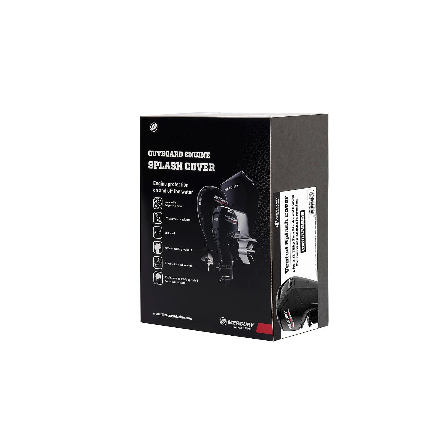Mercury 8M0228505 black vented splash cover for 2.1L 75hp FourStroke outboard Box Angle