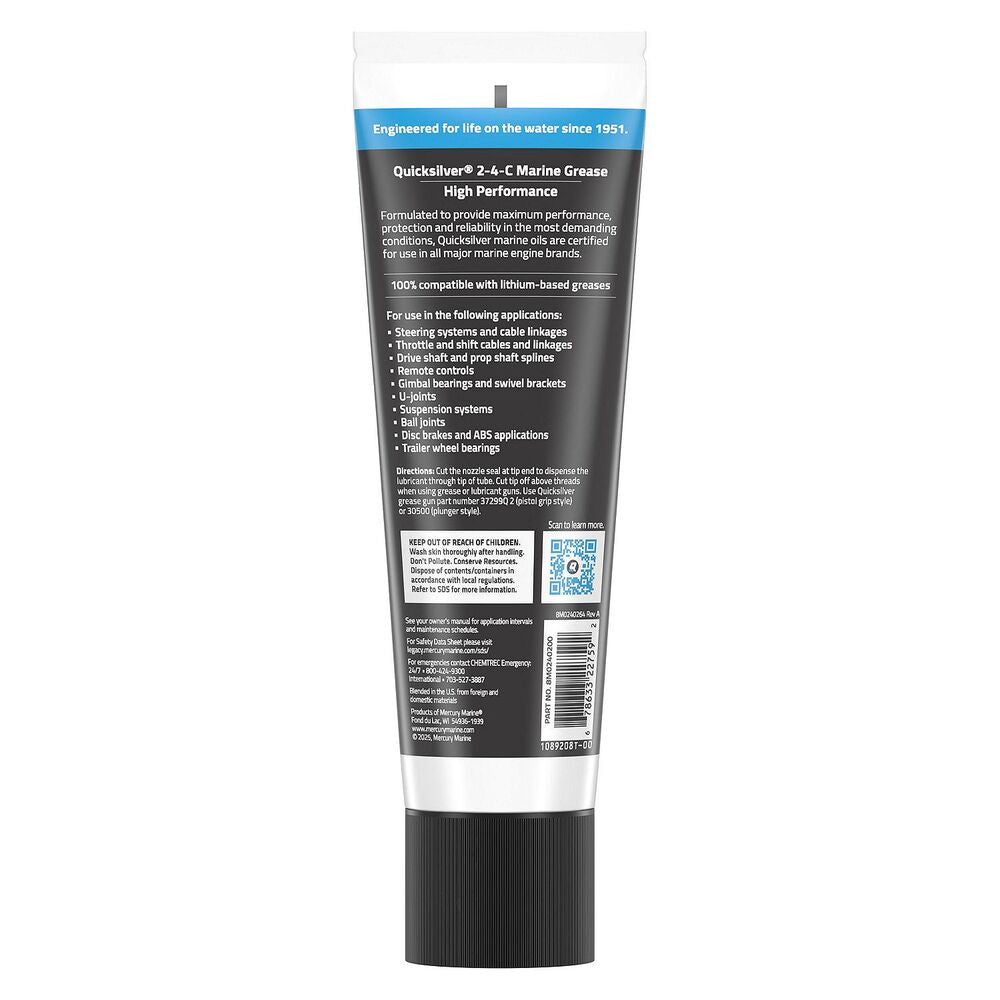 Quicksilver 8M0240200 2-4-C Marine Grease with PTFE, 8-ounce tube back label