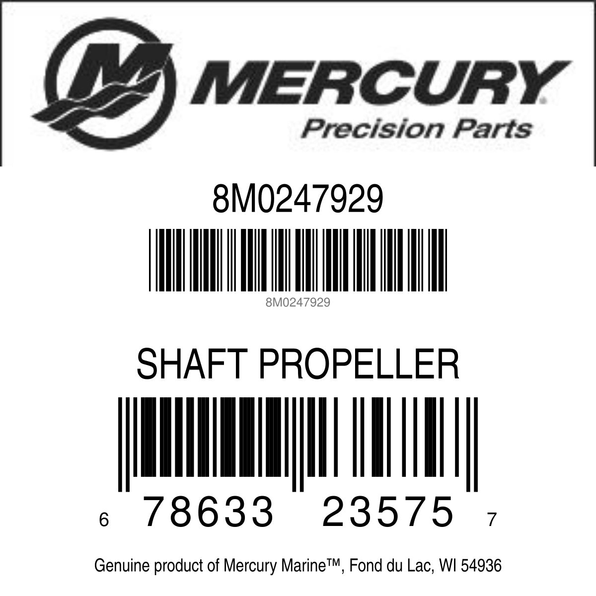 Mercury 8M0247929 propeller shaft UPC label 678633235757