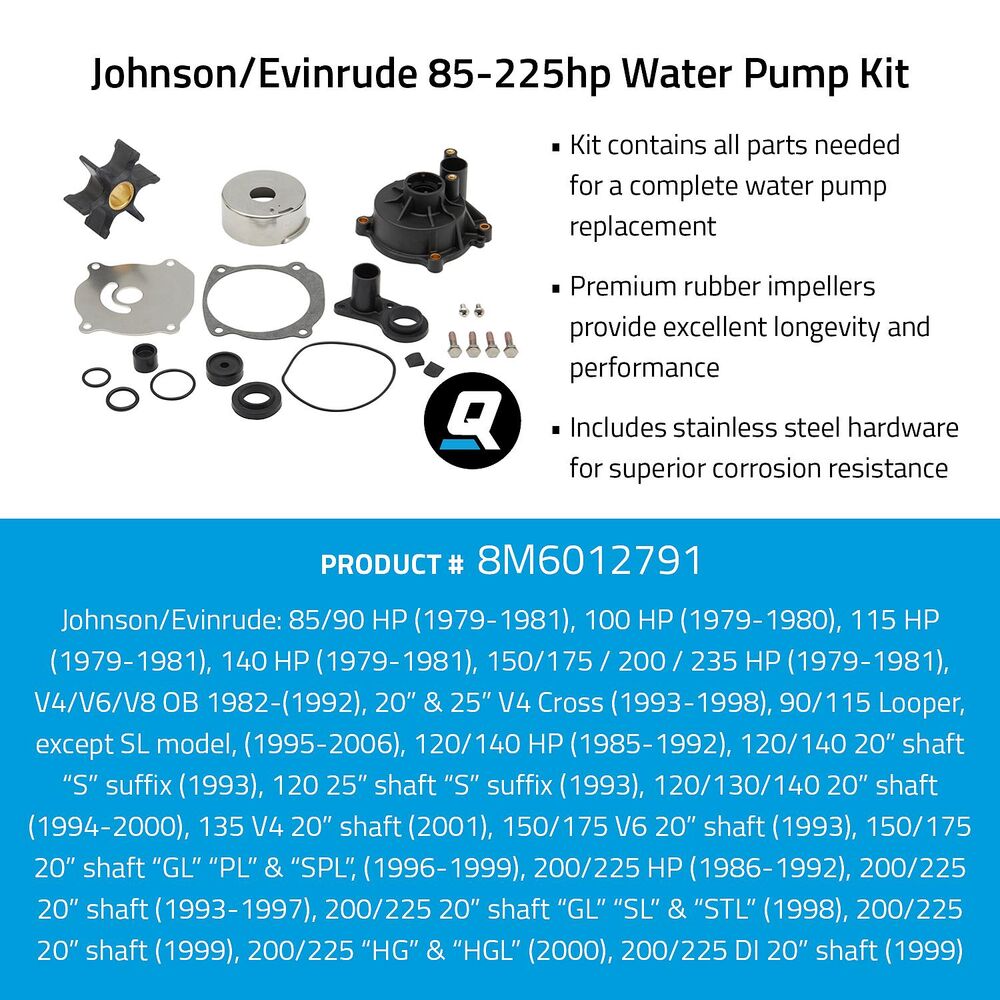 Quicksilver 8M6012791 water pump kit manufacturer application and contents