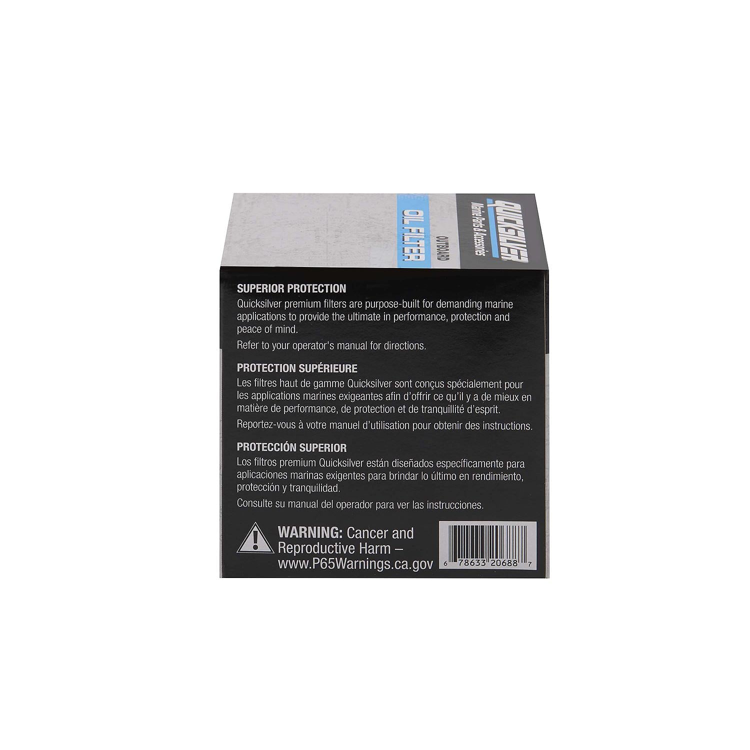 Quicksilver 8M6013851 oil filter for Johnson Evinrude and Suzuki 9.9-15HP outboards Box Back