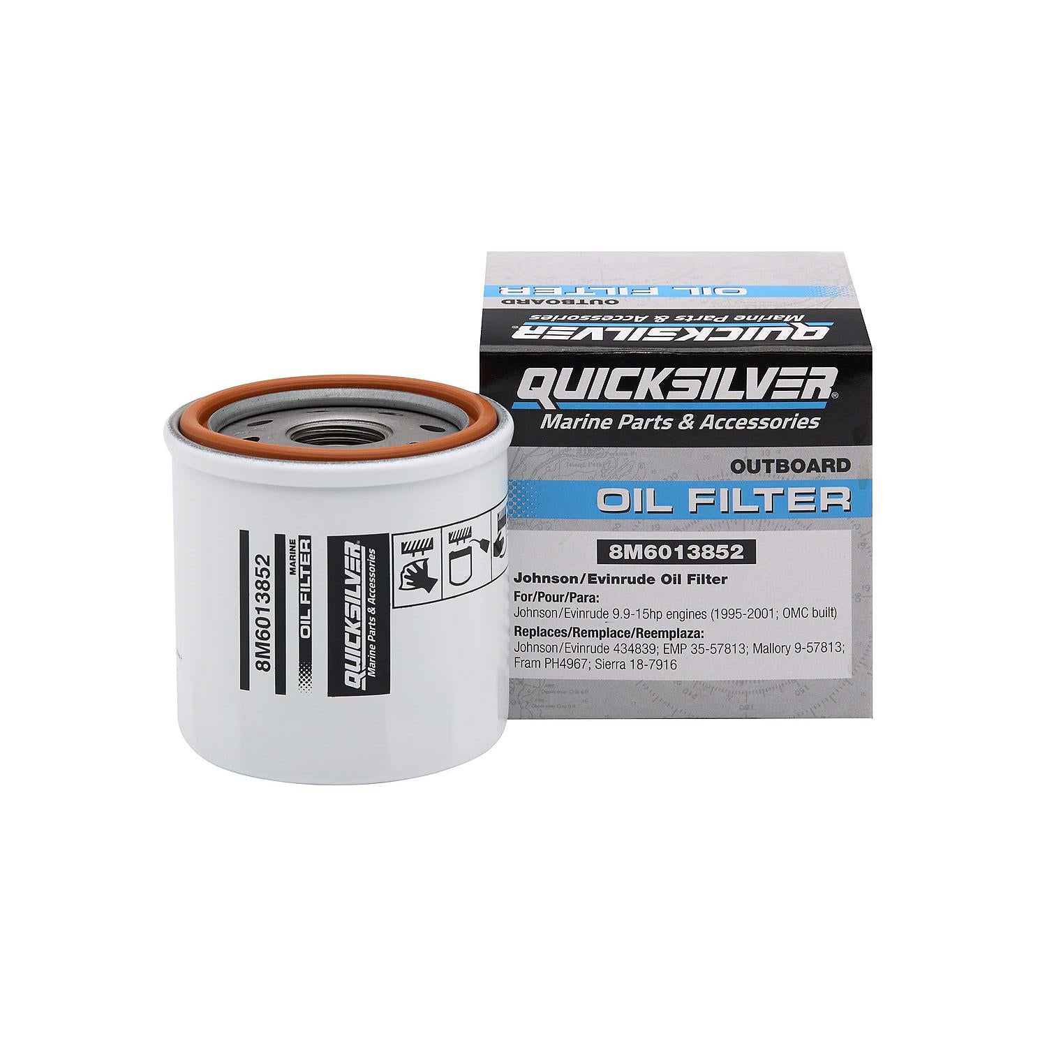 Quicksilver 8M6013852 oil filter for Johnson and Evinrude 9.9-15HP outboards built by OMC