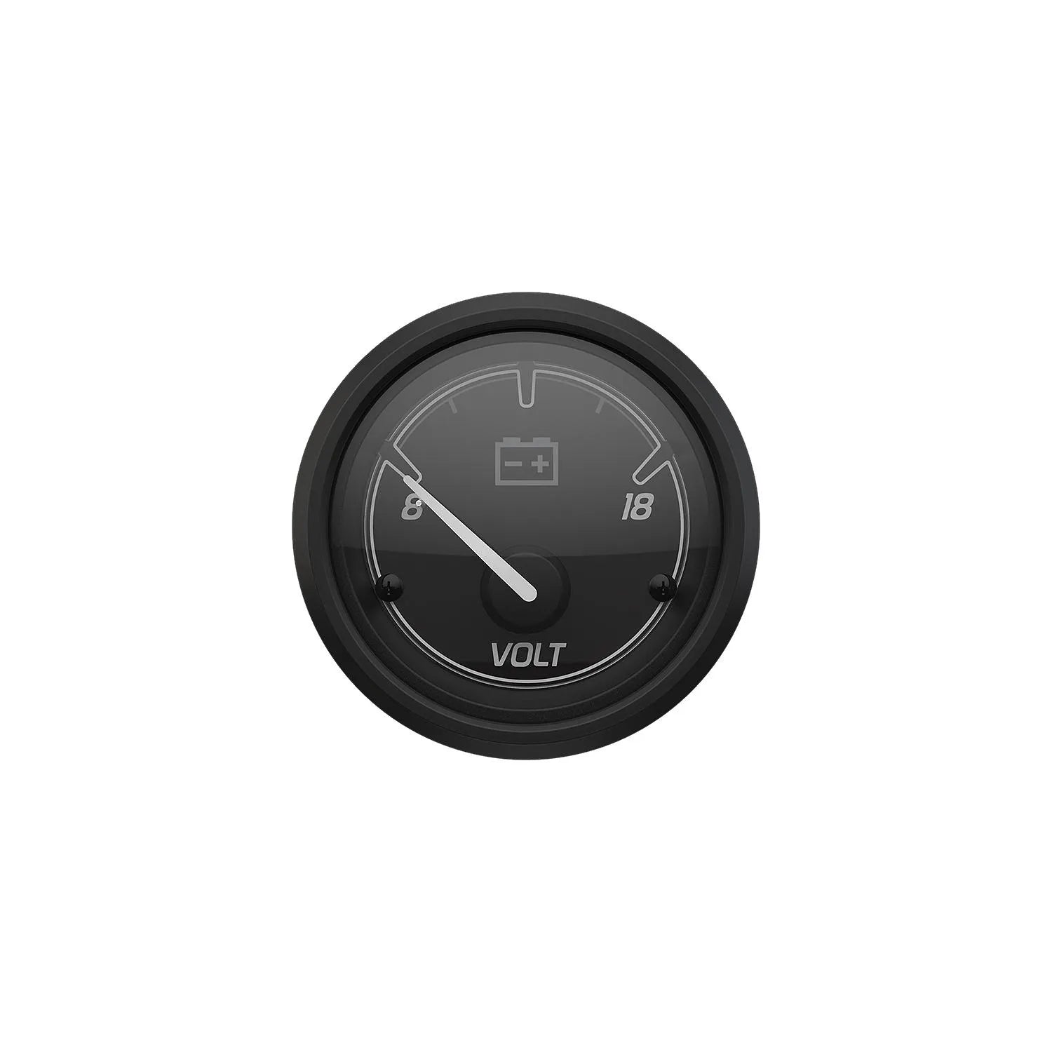 Mercury Sport Black/Black 0–18V analog voltmeter, straight-on view (8M6020033)