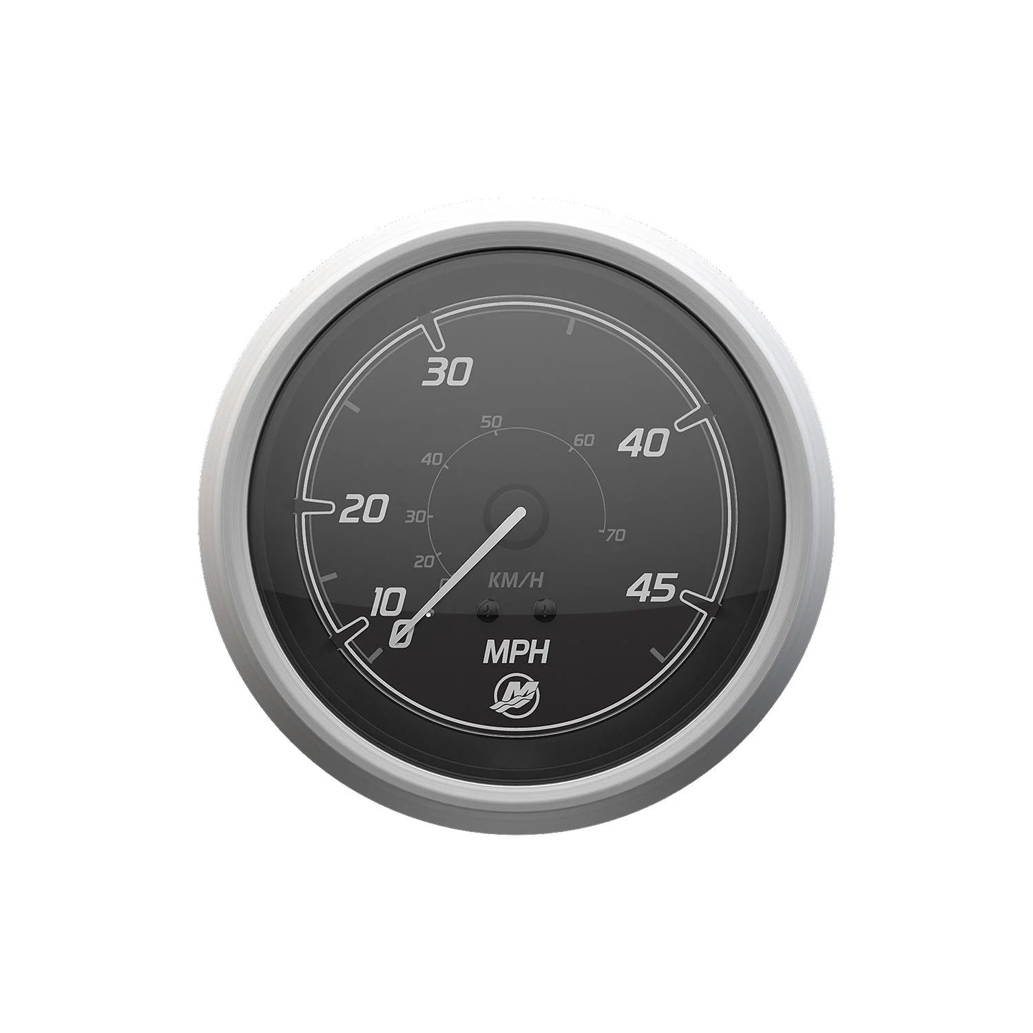 Mercury 45-MPH Speedometer, Sport Black/Brushed, part 8M6020039, 3-3/8″ gauge with tubing