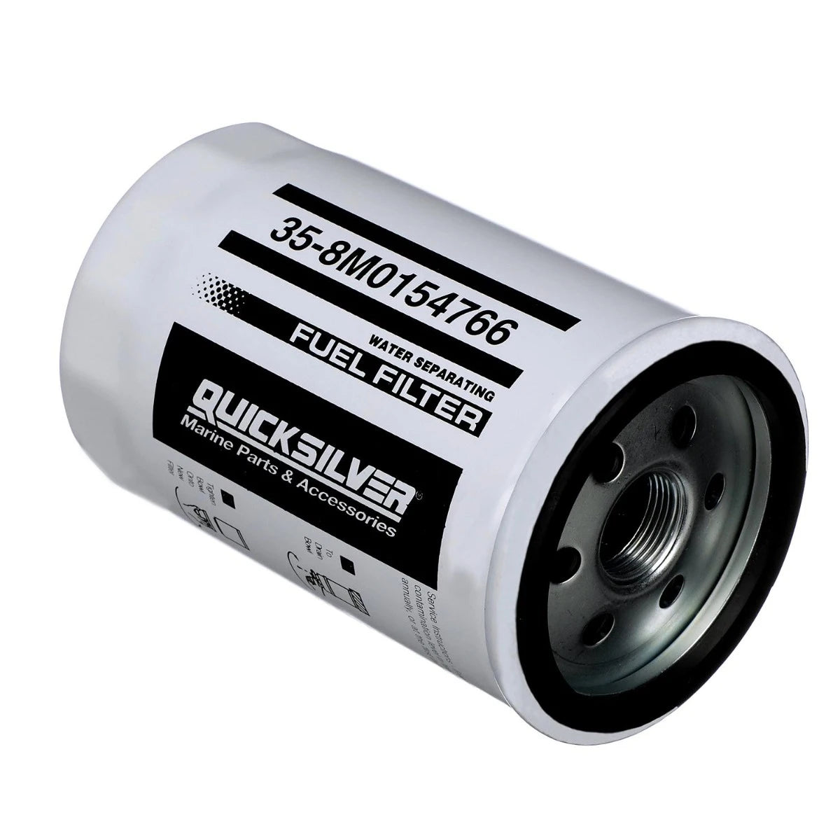 Quicksilver 8M0154766 10-micron water-separating fuel filter, high-capacity 120 mm can, for select Yamaha outboards up to 115HP Angle