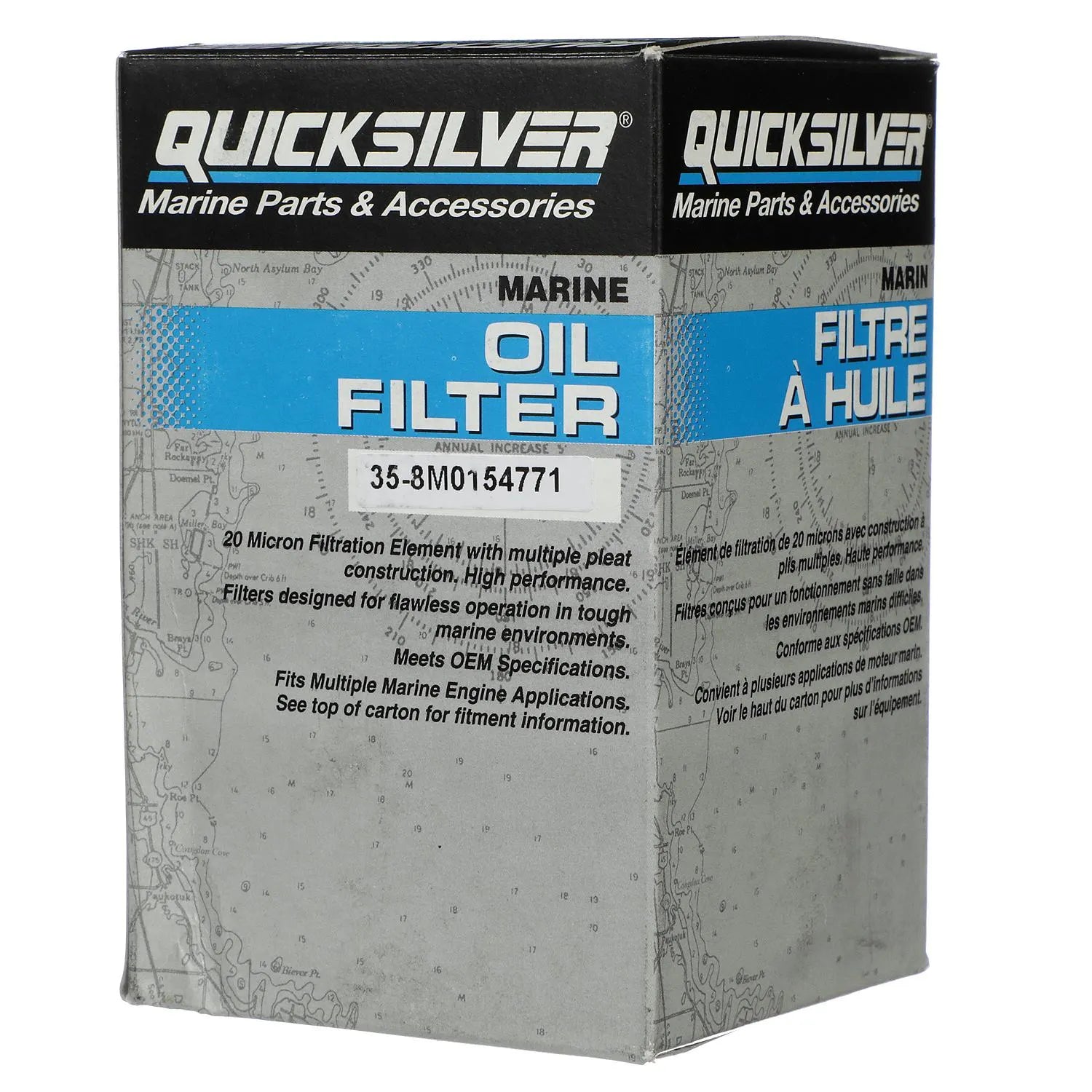 Quicksilver 8M0154771 marine oil filter replaces Yamaha and Sierra 18-7954 part numbers box