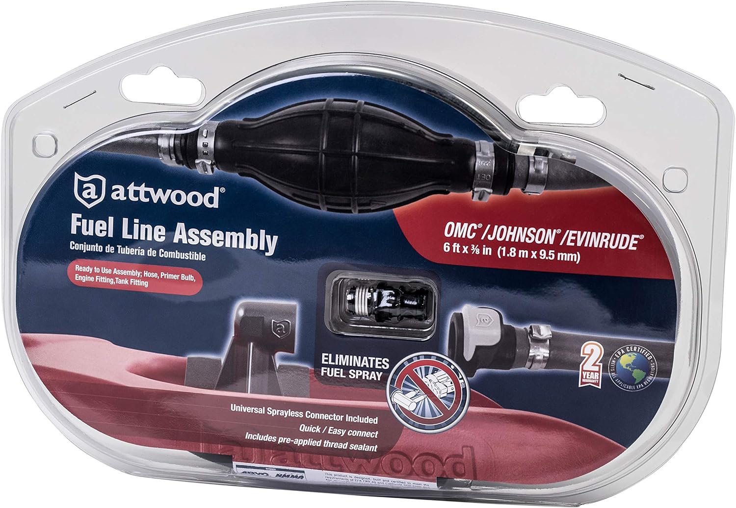 Attwood 93806EUS7 OMC Johnson Evinrude fuel line kit 3/8 inch by 6 foot with primer bulb and fuel connectors package
