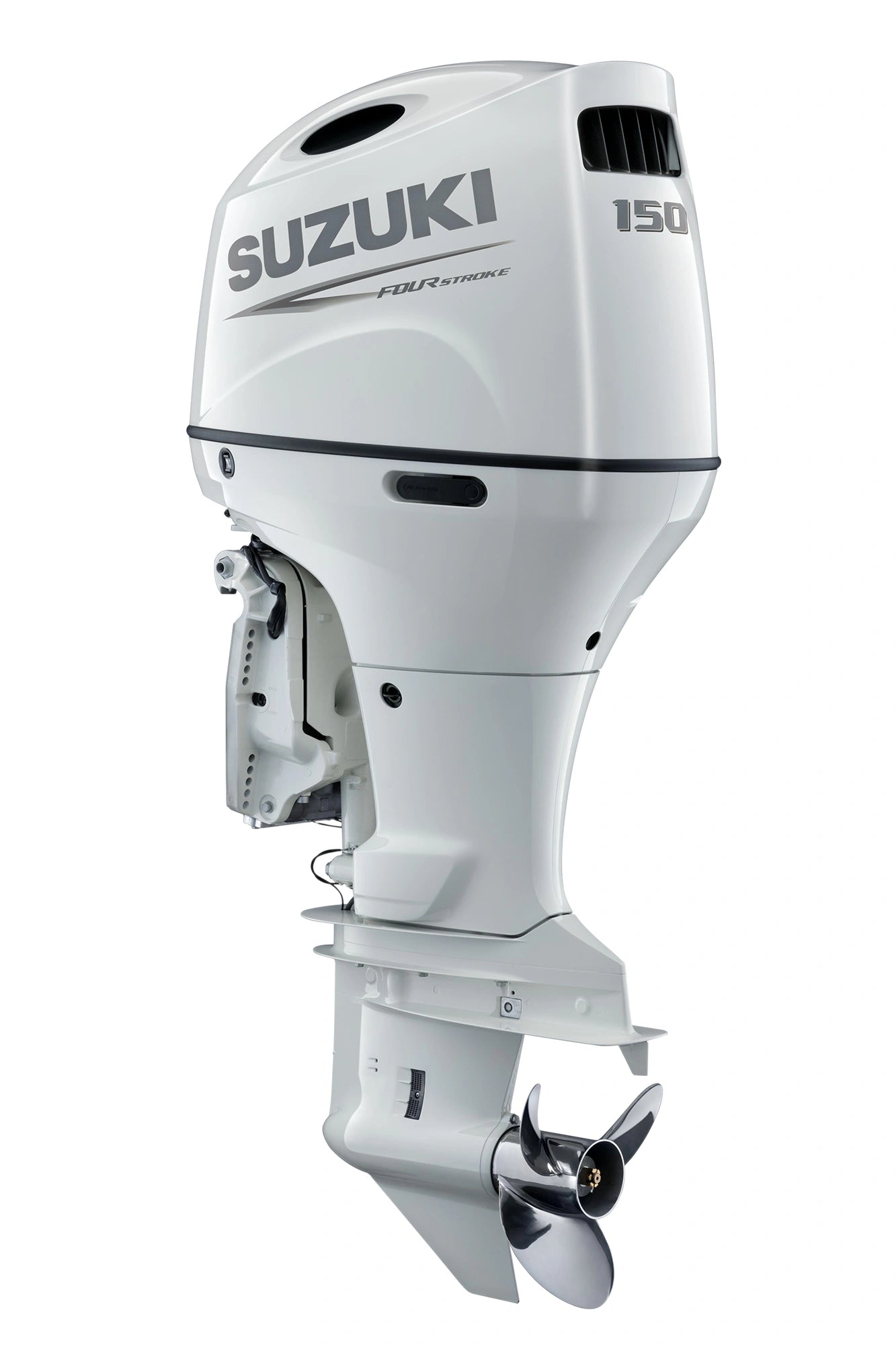 Suzuki DF150ATLW 150 horsepower white outboard motor 20 inch shaft 4 stroke inline 4 cylinder EFI Angle