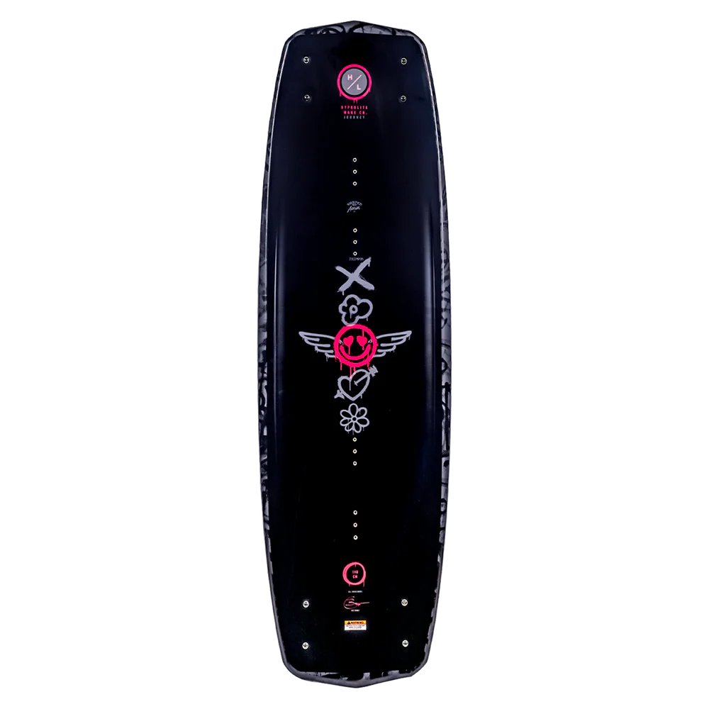 Hyperlite Journey Wakeboard Bec Gange women’s board with Biolite 3 Core, Satin Flex, 3-stage rocker, dual concave base, and P-Wing fins Top