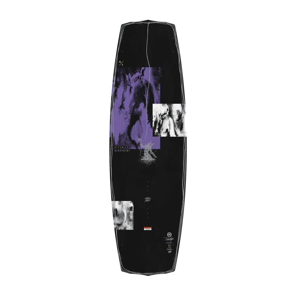Hyperlite Blueprint Wakeboard Trever Maur board with Biolite 3 Core, continuous rocker, dual concave base, molded landing feature, and .7 fins Top