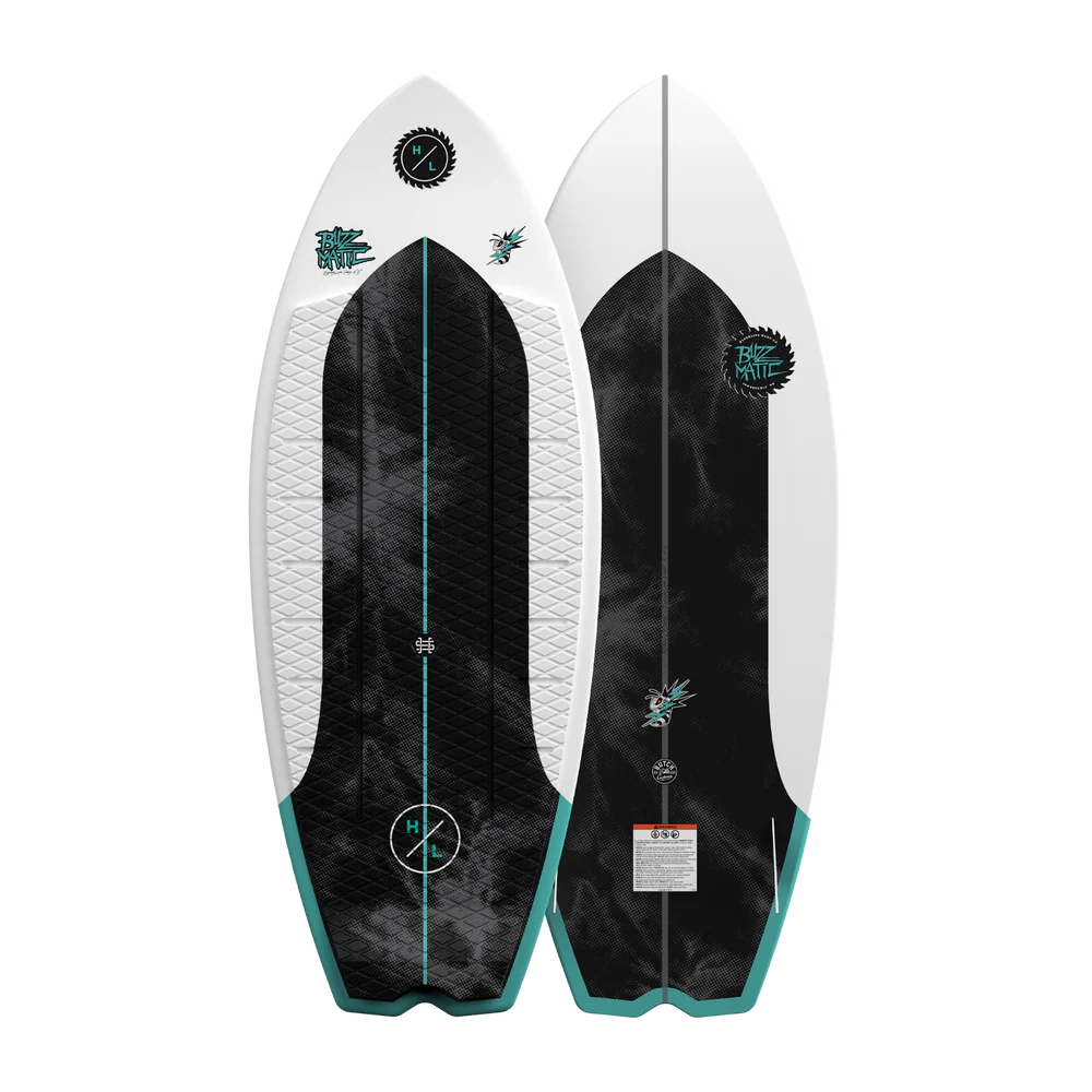 Hyperlite Buzzmatic Wakesurf Board with DuraShell construction, EPS core, single concave belly, swallow tail, EVA traction, and Torq fins