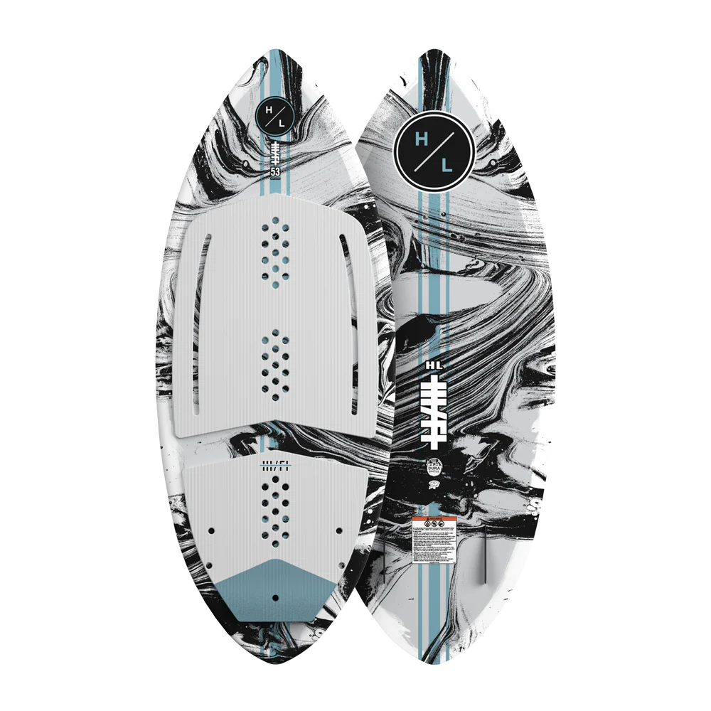 Hyperlite Hi-Fi Wakesurf Board with DuraShell construction, EPS core, flat tip and tail base, pin tail, EVA traction, and P-Wing fins