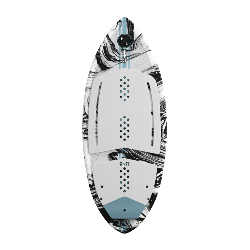 Hyperlite Hi-Fi Wakesurf Board with DuraShell construction, EPS core, flat tip and tail base, pin tail, EVA traction, and P-Wing fins top