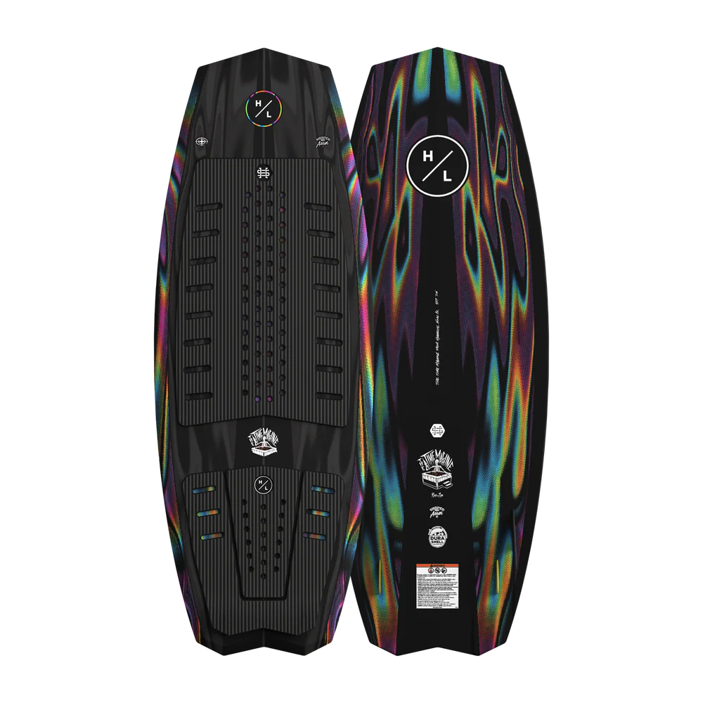 Hyperlite Time Machine Wakesurf Board with DuraShell construction, EPS core, dual concave base, diamond tail, EVA traction, Flux fins, and Drop fins