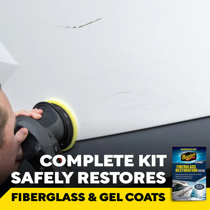 Meguiar's M4965 Marine/RV Fiberglass Restoration System featuring Oxidation Remover, High Gloss Polish, and Pure Wax restores fiberglass and gel coats