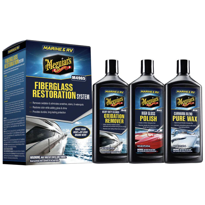 Meguiar's M4965 Marine/RV Fiberglass Restoration System featuring Oxidation Remover, High Gloss Polish, and Pure Wax.
