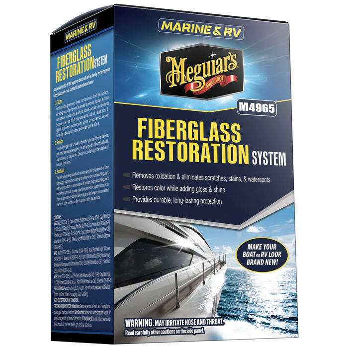 Meguiar's M4965 Marine/RV Fiberglass Restoration System featuring Oxidation Remover, High Gloss Polish, and Pure Wax box