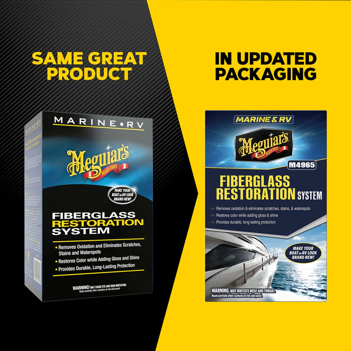 Meguiar's M4965 Marine/RV Fiberglass Restoration System featuring Oxidation Remover, High Gloss Polish, and Pure Wax new packaging