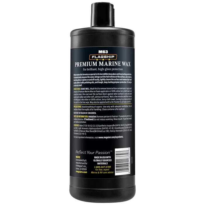 Meguiar's M6332 Flagship Premium Marine Wax 32oz bottle featuring high-gloss polymer protection for fiberglass and gel coats Bottle Back