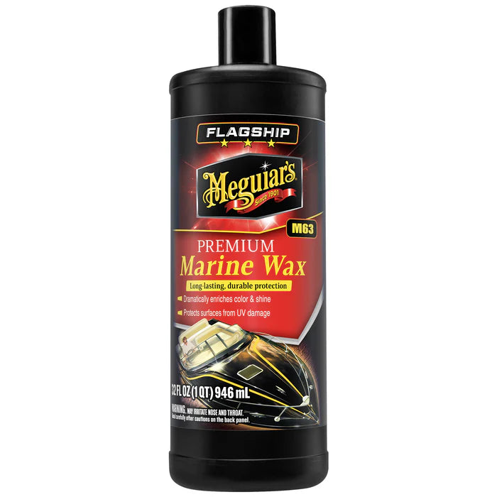 Meguiar's M6332 Flagship Premium Marine Wax 32oz bottle featuring high-gloss polymer protection for fiberglass and gel coats. Bottle Front