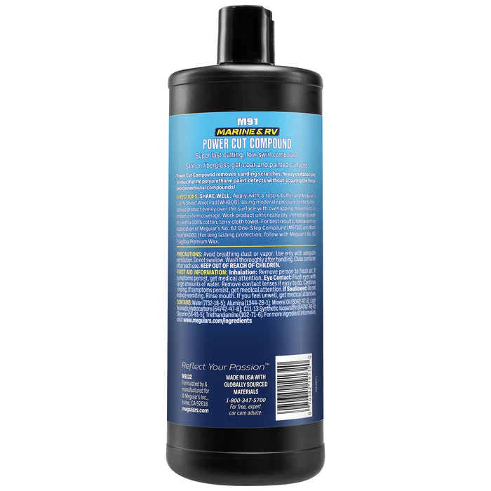 Meguiar's M9132 Professional Grade Power Compound 32oz bottle for removing heavy oxidation and sanding scratches from gel coats bottle back