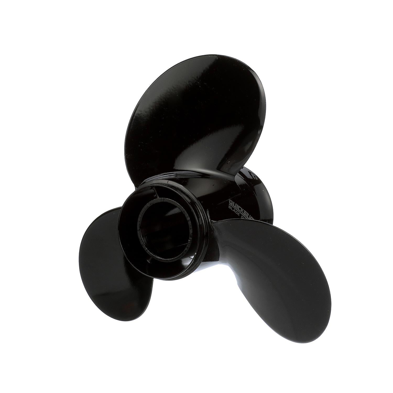 Quicksilver QA2208X Black Diamond aluminum right-hand propeller 13.75 x 15 pitch 3 blade for 85-140HP Evinrude Johnson V4 outboards Left angle