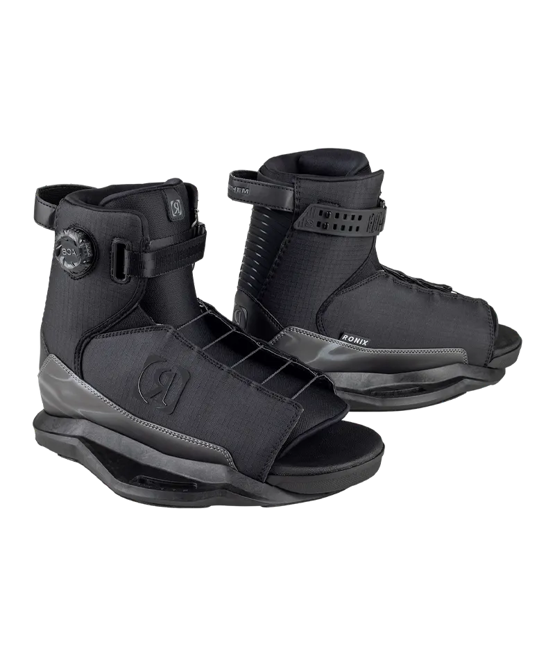 Ronix Anthem BOA Stage 2 open toe wakeboard boot in Techy Grey with Mainframe 2.0 chassis Both