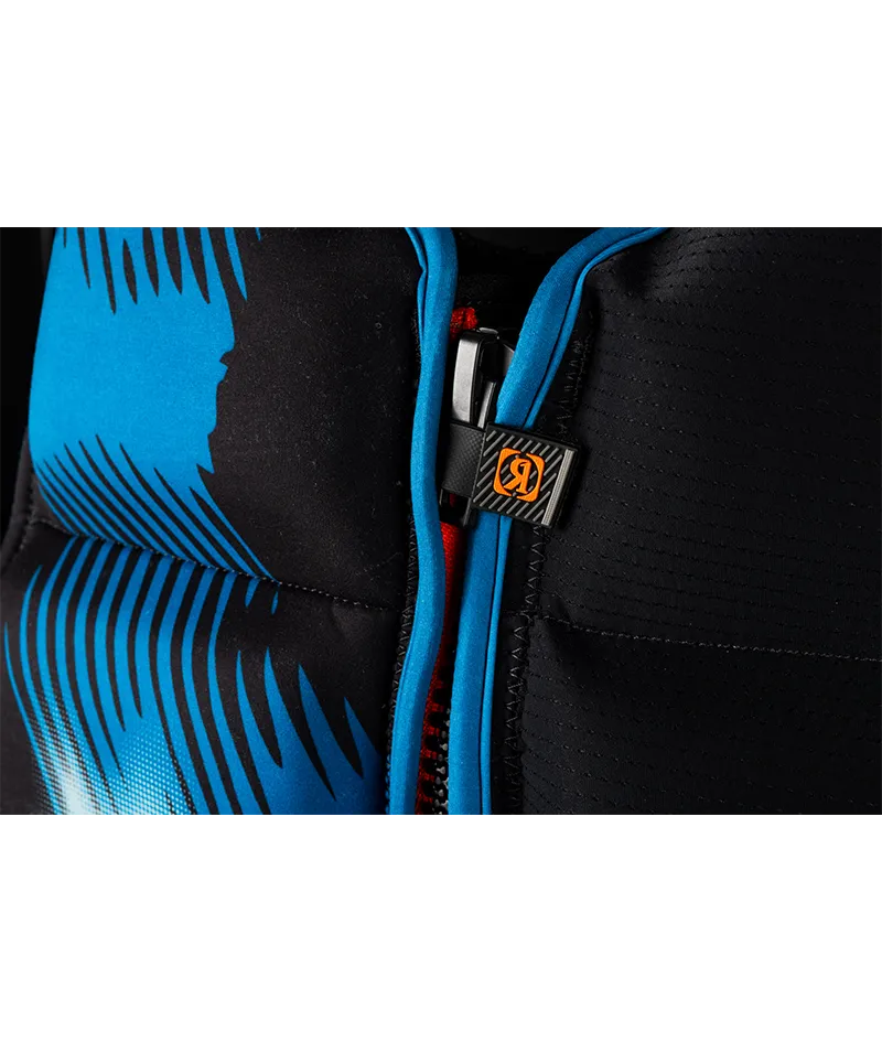 Ronix Atomik Capella 3.0 L70 US/CA CGA life vest in Black/Slate Blue with cylindrical wraparound fit Closeup Zipper