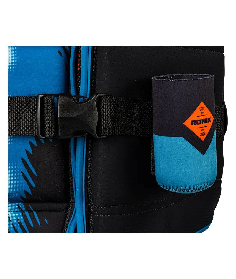 Ronix Atomik Capella 3.0 L70 US/CA CGA life vest in Black/Slate Blue with cylindrical wraparound fit Drink Holder 2