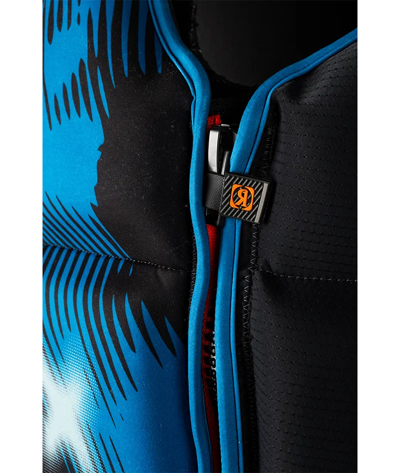 Ronix Atomik Capella 3.0 L70 US/CA CGA life vest in Black/Slate Blue with cylindrical wraparound fit Zipper