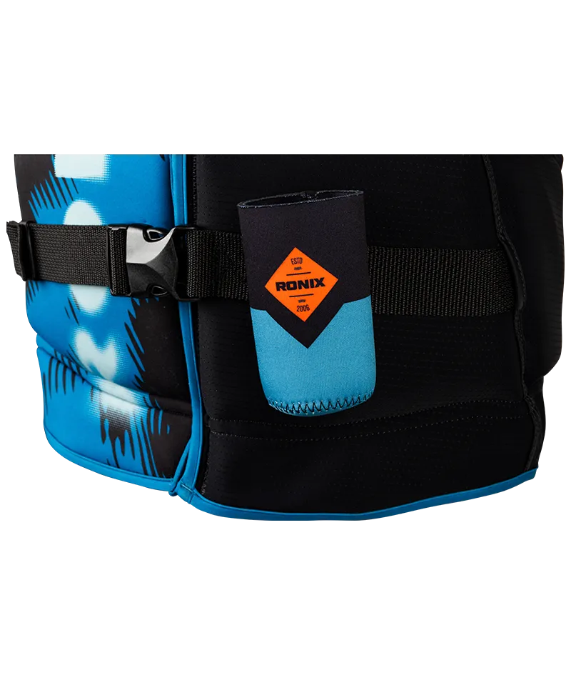 Ronix Atomik Capella 3.0 L70 US/CA CGA life vest in Black/Slate Blue with cylindrical wraparound fit Drink Holder