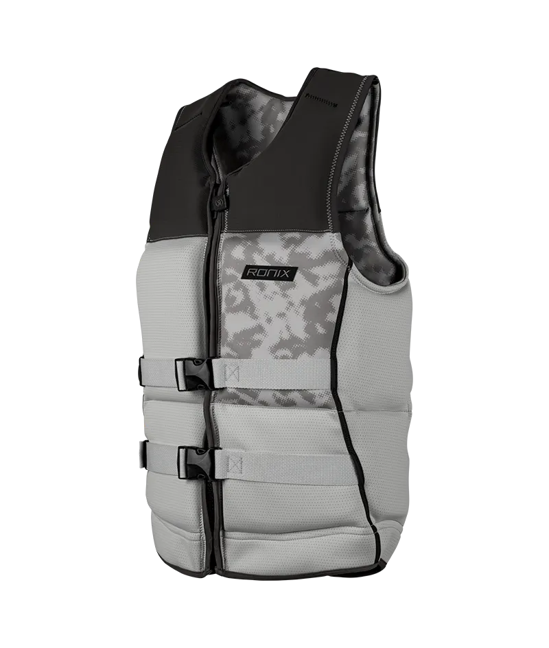 Ronix Trooper Capella 3.0 L70 US/CA CGA life vest in Grey/Snow Camo with cylindrical wraparound fit Angle