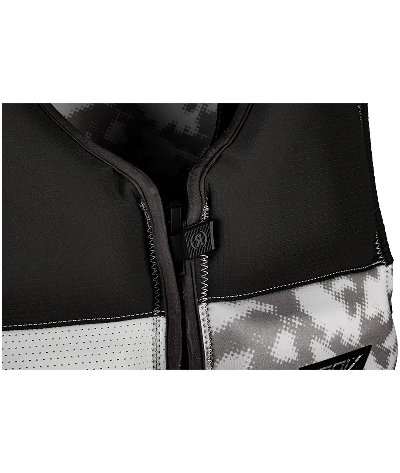 Ronix Trooper Capella 3.0 L70 US/CA CGA life vest in Grey/Snow Camo with cylindrical wraparound fit Closeup