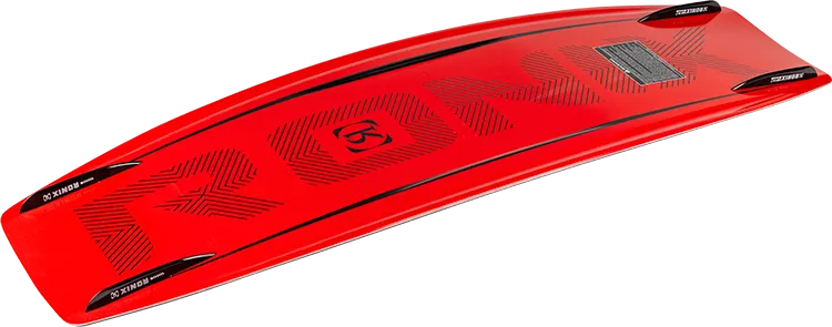 Ronix District Modello Core wakeboard in Metallic/Red with hybrid rocker for versatile boat riding Bottom Angle
