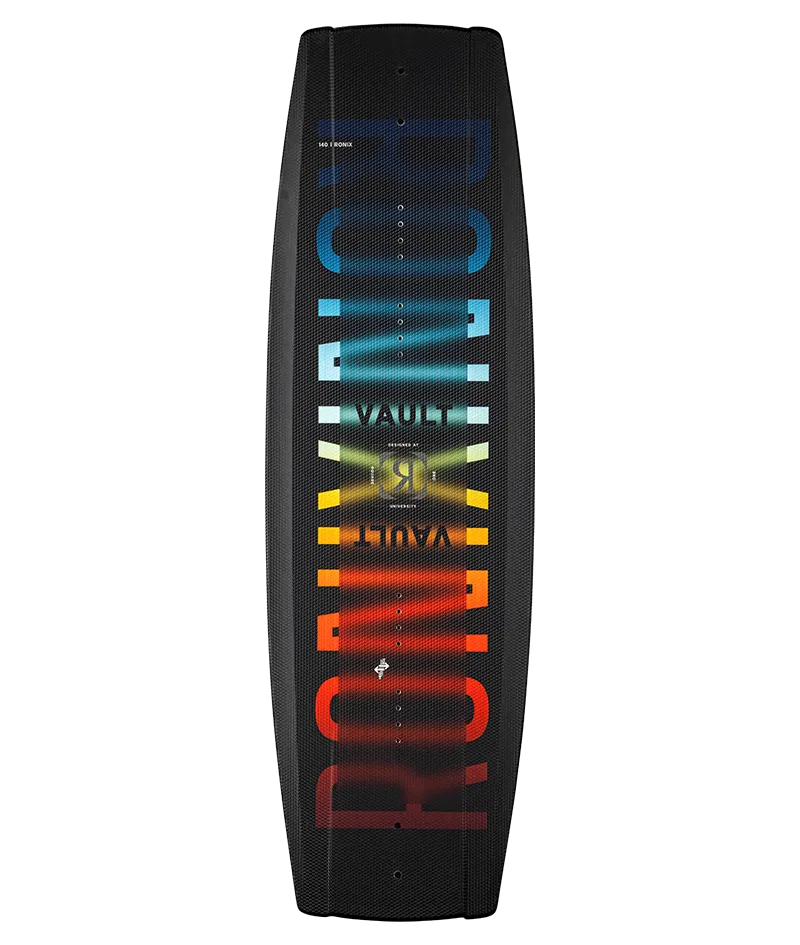 Ronix Vault Modello Core wakeboard in Black/Blue/Flash with 3-stage rocker for entry level and intermediate riders Top