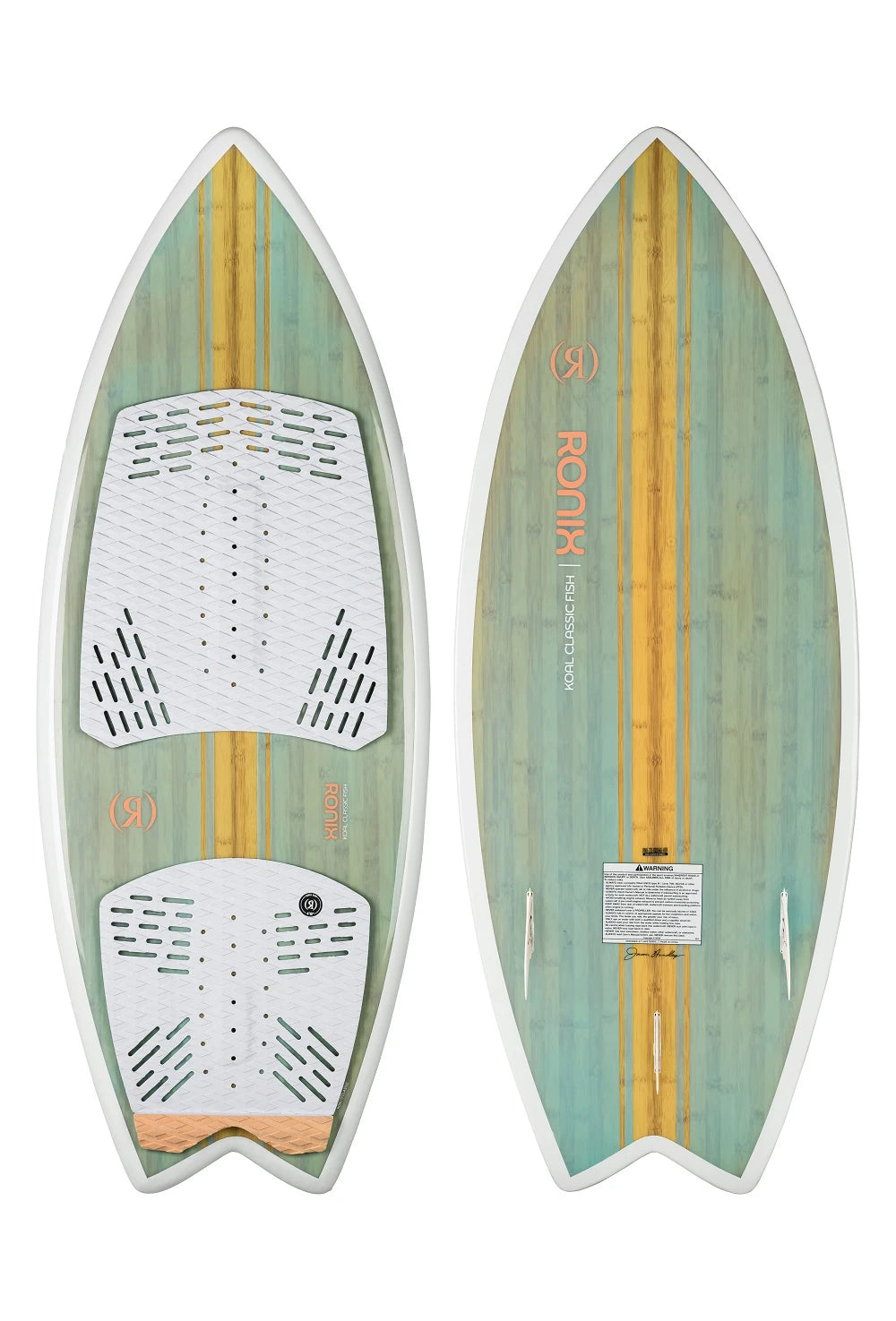 Ronix Women’s Koal Classic Fish wakesurf board in Sea Glaze/White/Peach with S-System fins