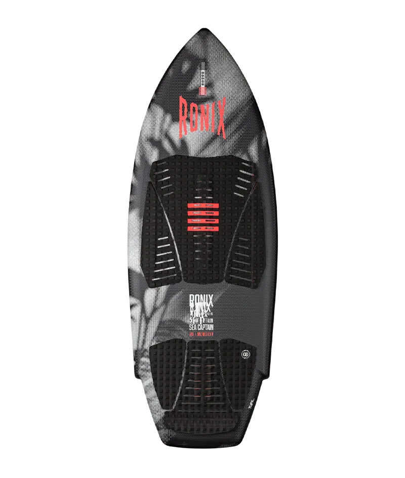 Ronix Sea Captain women's Tuff Tech wakesurf board in Black/Pink with quick-reacting rail drive Bottom