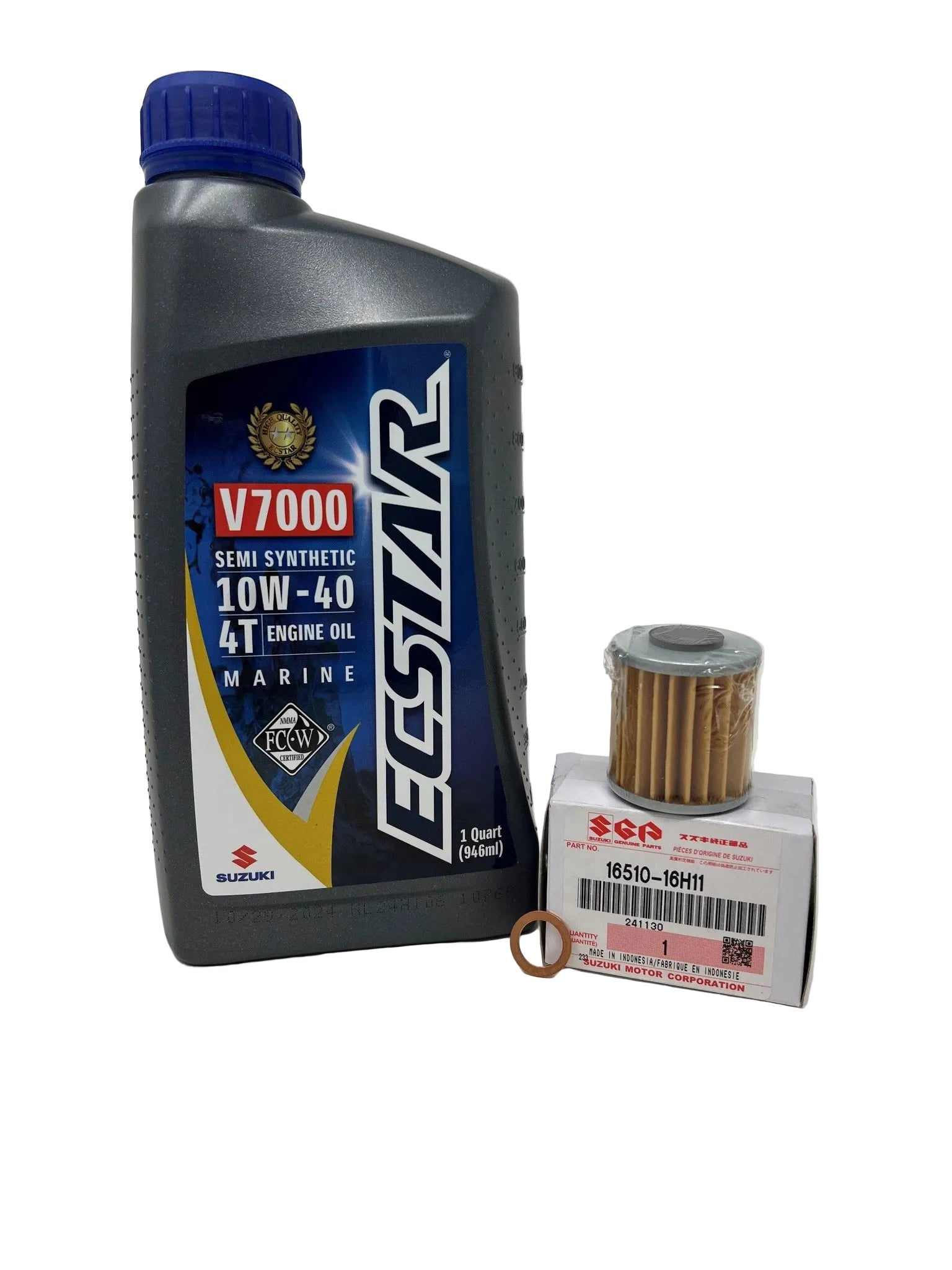 Suzuki OEM oil change kit for DF4A DF6A 2017-current outboards with oil filter oil and gasket Closeup