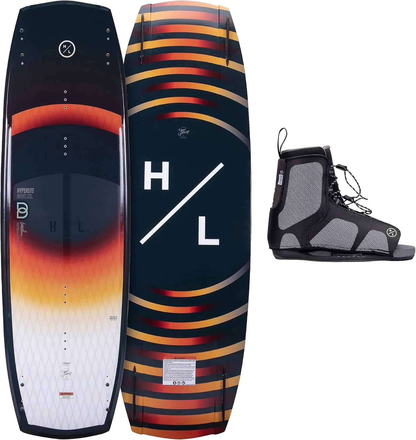 Hyperlite Baseline 141 wakeboard with Black Remix bindings size 10–14