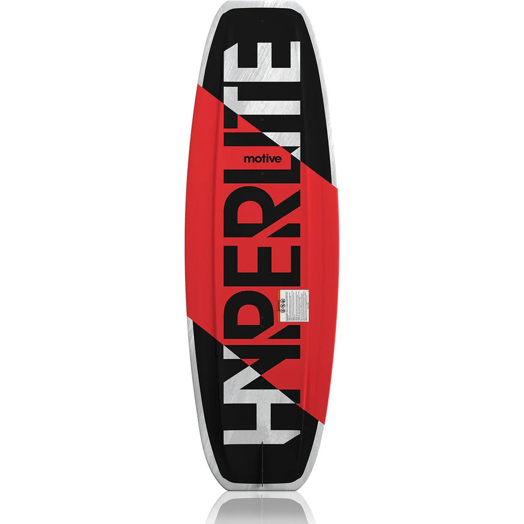 Hyperlite Motive Wakeboard beginner board with Biolite 3 Core, continuous rocker, full beveled edge, molded-in fins, and Disorder fins base