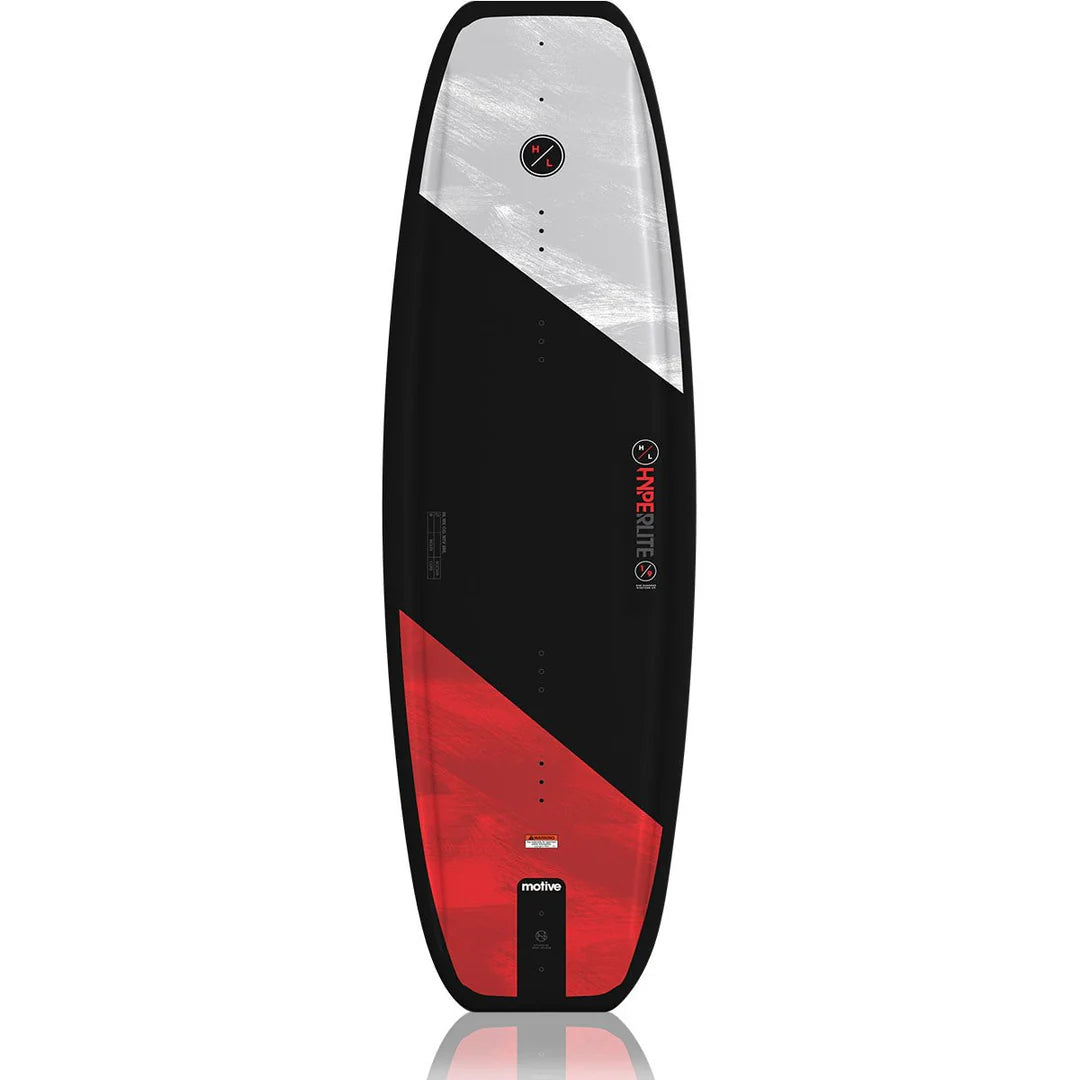 Hyperlite Motive Wakeboard beginner board with Biolite 3 Core, continuous rocker, full beveled edge, molded-in fins, and Disorder fins top