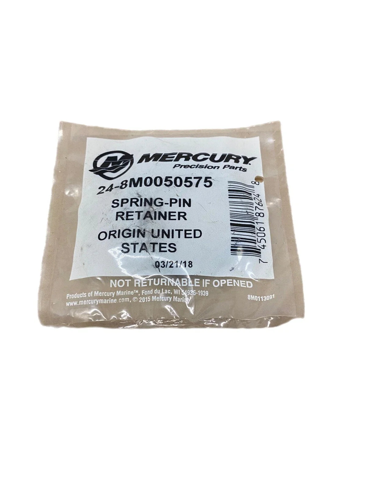 Mercury 8M0050575 gearcase cross spring pin retainer in package